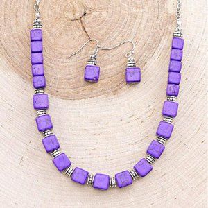 Purple Natural Stone Western Boho Silver Dipped Cowgirl Necklace Earrings SET